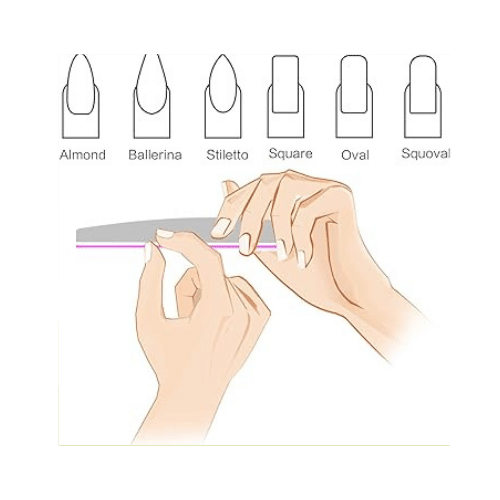 Illustration of a nail being filed with examples of nail shapes above the hand. The shapes: Almond, Ballerina, Stiletto, Square, Oval, and Squoval.